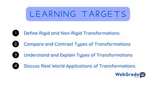 Define Rigid and Non-Rigid Transformations
1
Compare and Contrast Types of Transformations
2
Discuss Real World Applications of Transformations
4
Understand and Explain Types of Transformations
3
LEARNING TARGETS
 