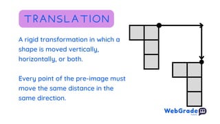 A rigid transformation in which a
shape is moved vertically,
horizontally, or both.
Every point of the pre-image must
move the same distance in the
same direction.
TRANSLATION
 