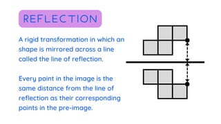 A rigid transformation in which an
shape is mirrored across a line
called the line of reflection.
Every point in the image is the
same distance from the line of
reflection as their corresponding
points in the pre-image.
REFLECTION
 