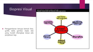 Ekspresi Visual
 Penggambaran berupa bentuk foto,
grafik, table, gambar, objek, dsb
yang mudah ditangkap tanpa ada
penjelasan lagi.
 