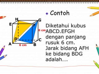 Contoh
Diketahui kubus
ABCD.EFGH
dengan panjang
rusuk 6 cm.
Jarak bidang AFH
ke bidang BDG
adalah….
A B
CD
H
E F
G
6 cm
6 cm
 