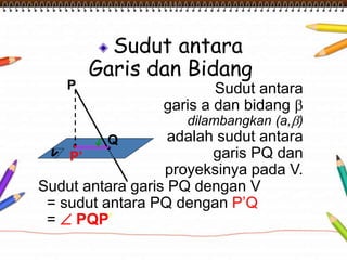 P
Q
Sudut antara
Garis dan Bidang
Sudut antara
garis a dan bidang 
dilambangkan (a,)
adalah sudut antara
garis PQ dan
proyeksinya pada V.
Sudut antara garis PQ dengan V
= sudut antara PQ dengan P’Q
=  PQP’
P’
 