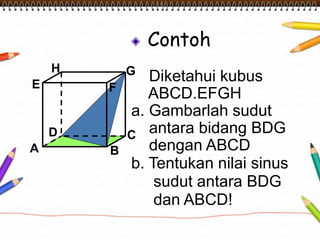 Contoh
Diketahui kubus
ABCD.EFGH
a. Gambarlah sudut
antara bidang BDG
dengan ABCD
b. Tentukan nilai sinus
sudut antara BDG
dan ABCD!
A B
CD
H
E F
G
 