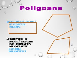 LINIA FRÂNT ÎNCHISĂ Ă
SE NUME TEŞ
POLIGON.
SEGMENTELE DE
DREAPT DIN CAREĂ
ESTE FORMAT UN
POLIGON SUNT
LATURILE
POLIGONULUI.
 