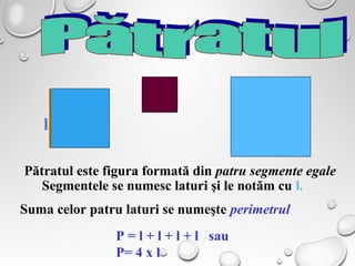 Pătratul este figura formată din patru segmente egale
Segmentele se numesc laturi şi le notăm cu l.
Suma celor patru laturi se numeşte perimetrul
P = l + l + l + l sau
P= 4 x l
 