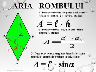 ARIA ROMBULUI
A
B
C
D
l
h
d2
1. Daca se cunoaste lungimea unei laturi si
lungimea inaltimii pe o latura, atunci:
A = l ⋅ hd1
α
2. Daca se cunosc lungimile celor doua
diagonale, atunci:
2
21 dd
A
⋅
=
3. Daca se cunoaste lungimea laturii si masura
unghiului cuprins intre doua laturi, atunci:
A = l2
⋅ sinα .Tit Cuprian – Sarichioi - 2007
 