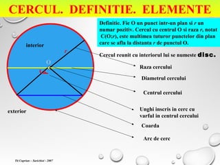 CERCUL. DEFINITIE. ELEMENTE
Definitie. Fie O un punct intr-un plan si r un
numar pozitiv. Cercul cu centrul O si raza r, notat
C(O;r), este multimea tuturor punctelor din plan
care se afla la distanta r de punctul O.
Cercul reunit cu interiorul lui se numeste disc.
interior
exterior
O
r
Raza cercului
Diametrul cercului
Centrul cercului
Coarda
Unghi inscris in cerc cu
varful in centrul cercului
Arc de cerc
Tit Cuprian – Sarichioi - 2007
 