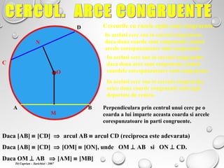 Cercurile cu razele egale sunt congruente.
In acelasi cerc sau in cercuri congruente,
daca doua coarde sunt congruente, atunci
arcele corespunzatoare sunt congruente.
In acelasi cerc sau in cercuri congruente,
daca doua arce sunt congruente, atunci
coardele corespunzatoare sunt congruente.
In acelasi cerc sau in cercuri congruente,
orice doua coarde congruente sunt egal
departate de centru.
Perpendiculara prin centrul unui cerc pe o
coarda a lui imparte aceasta coarda si arcele
corespunzatoare in parti congruente.
A B
C
D
O
M
N
Daca [AB] ≡ [CD] ⇒ arcul AB ≡ arcul CD (reciproca este adevarata)
Daca [AB] ≡ [CD] ⇒ [OM] ≡ [ON], unde OM ⊥ AB si ON ⊥ CD.
Daca OM ⊥ AB ⇒ [AM] ≡ [MB]
Tit Cuprian – Sarichioi - 2007
 