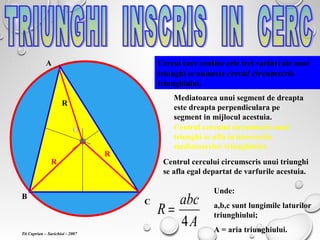 Cercul care contine cele trei varfuri ale unui
triunghi se numeste cercul circumscris
triunghiului.
O
A
B
C
Mediatoarea unui segment de dreapta
este dreapta perpendiculara pe
segment in mijlocul acestuia.
Centrul cercului circumscris unui
triunghi se afla in intersectia
mediatoarelor triunghiului.
Centrul cercului circumscris unui triunghi
se afla egal departat de varfurile acestuia.
R
R
A
abc
R
4
=
Unde:
a,b,c sunt lungimile laturilor
triunghiului;
A = aria triunghiului.
R
Tit Cuprian – Sarichioi - 2007
 