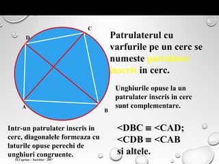 PATRULATER INSCRIS INTR-UN CERC
A
B
C
D Patrulaterul cu
varfurile pe un cerc se
numeste patrulater
inscris in cerc.
Unghiurile opuse la un
patrulater inscris in cerc
sunt complementare.
Intr-un patrulater inscris in
cerc, diagonalele formeaza cu
laturile opuse perechi de
unghiuri congruente.
<DBC ≡ <CAD;
<CDB ≡ <CAB
si altele.
Tit Cuprian – Sarichioi - 2007
 