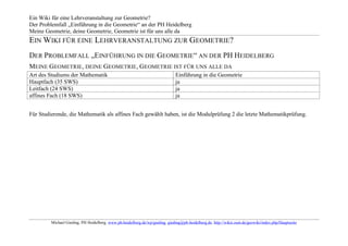 Ein Wiki für eine Lehrveranstaltung zur Geometrie?
Der Problemfall „Einführung in die Geometrie“ an der PH Heidelberg
Meine Geometrie, deine Geometrie, Geometrie ist für uns alle da
EIN WIKI FÜR EINE LEHRVERANSTALTUNG ZUR GEOMETRIE?
DER PROBLEMFALL „EINFÜHRUNG IN DIE GEOMETRIE “ AN DER PH HEIDELBERG
MEINE GEOMETRIE , DEINE GEOMETRIE, GEOMETRIE IST FÜR UNS ALLE DA
Art des Studiums der Mathematik                                                Einführung in die Geometrie
Hauptfach (35 SWS)                                                             ja
Leitfach (24 SWS)                                                              ja
affines Fach (18 SWS)                                                          ja


Für Studierende, die Mathematik als affines Fach gewählt haben, ist die Modulprüfung 2 die letzte Mathematikprüfung.




         Michael Gieding, PH Heidelberg, www.ph-heidelberg.de/wp/gieding, gieding@ph-heidelberg.de, http://wikis.zum.de/geowiki/index.php/Hauptseite
 