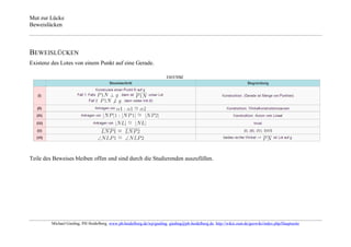 Mut zur Lücke
Beweislücken



BEWEISLÜCKEN
Existenz des Lotes von einem Punkt auf eine Gerade.




Teile des Beweises bleiben offen und sind durch die Studierenden auszufüllen.




         Michael Gieding, PH Heidelberg, www.ph-heidelberg.de/wp/gieding, gieding@ph-heidelberg.de, http://wikis.zum.de/geowiki/index.php/Hauptseite
 