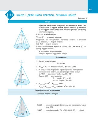 105
§ 11.   
КОНУС І  ДЕЯКІ ЙОГО ПЕРЕРІЗИ. ЗРІЗАНИЙ КОНУС
Таблиця 9
Конус
O
S
X
BA
Конусом (круговим конусом) називається тіло, що
складається із круга, точки, що не лежить у площині
цього круга, і всіх відрізків, які сполучають цю точку
з  точками круга.
Круг  — основа конуса.
Точка S  — вершина конуса.
Відрізки, що сполучають вершину конуса з  точками
кола основи,  — твірні конуса.
SA, SB  — твірні конуса.
Конус називається прямим, якщо SO AOB⊥ пл. (O  —
центр круга основи).
У шкільних підручниках:
конус = прямий круговий конус
Властивості
O
A
S
R
l
H
1.	 Твірні конуса рівні.
SA SB= = ...
2.	 H SOкон =   — висота конуса, SO AOB⊥ пл. .
3.	 У результаті обертання прямокутного трикутника
навколо його катета як осі утворюється конус.
AOS   — прямокутний, AOS = °90 .
Пряма SO  — вісь конуса,
R AOкон = , H SOкон = .
AS  — твірна, AS l= .
4. S Rосн кон. = π 2
, S Rlбiчн кон. = π ,
S S S Rl R R l Rповн бiчн кон осн= + = + = +( ). π π π2
Перерізи конуса площинами
Осьовий переріз конуса
O
A
S
B
SAB   — осьовий переріз (переріз, що проходить через
вісь SO).
SAB   — рівнобедрений, SA SB= (SA і  SB  — твірні)
§ 11
 