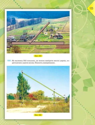 105
Мал. 344
727. На малюнку 345 показано, як можна виміряти висоту дерева, ко-
ристуючись однією віхою. Поясніть вимірювання.
Мал. 345
 