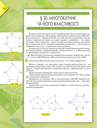 146
§ 20. МНОГОКУТНИК
ТА ЙОГО ВЛАСТИВОСТІ
Ви знаєте, що таке трикутник і чотирикутник. Більш загальним є по-
няття многокутника. На малюнку 437 ви бачите многокутник ABCDEF.
Він складається з відрізків AB, BC, CD, DE, ЕF, FA, розміщених так, що
суміжні відрізки не лежать на одній прямій, а несуміжні — не мають
спільних точок. Відрізки, з яких складається многокутник, називають
його сторонами, кути, утворені суміжними сторонами, — його кутами,
а вершини цих кутів — вершинами многокутника.
Залежно від кількості вершин (кутів або сторін) многокутник назива-
ють трикутником, чотирикутником, п’ятикутником і т. д. Многокутник
з n вершинами називають n-кутником.
Многокутник позначають назвами його вершин, наприклад, шести-
кутник ABCDEF (мал. 437), п’ятикутник А1
А2
А3
А4
А5
(мал. 438).
На малюнку 439 ви бачите многокутники F1
і F2.
У чому їх відмінність?
Жодна з прямих, які проходять через сторони многокутника F1
, не
перетинає інших його сторін. Він лежить по один бік від будь-якої з цих
прямих. Такий многокутник називають опуклим. Многокутник F2
не є
опуклим.
Надалі ми розглядатимемо лише опуклі многокутники.
Периметром многокутника називають суму довжин усіх його сторін.
Його позначають буквою Р.
Подивіться на малюнок 440. У шестикутнику ABCDEF відрізки AC,
AD, AE сполучають вершину А з несусідніми вершинами. Це — діагоналі
шестикутника.
Діагоналлю n-кутника називають відрізок, який сполучає дві несу-
сідні його вершини.
Мал. 437
Мал. 438
Мал. 439 Мал. 440
 
