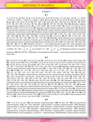 ВІДПОВІДІ ТА ВКАЗІВКИ
205
РОЗДІЛ І
§ 1
1. 1) Ні; 2) так. 2. Мал. 15. 3. 1) Ні; 2) так; 3) ні. 4. 2). 5. Ні (мал. 17); так (мал. 18). 6. 1)  ENM,
 FNP; 2)  AMN,  CMK; 3)  DKM,  BKP. 8. 5 см, 45 см, 45 см, 45 см. 9. 30 см, 60 см, 60 см,
60 см. 10. 1) Так; 2) ні. 11. Ні. 12. 100, 100, 100 (мал. 20); 100, 100 (мал. 21). 13. 60. 14. 1) 60;
2) 70. 15. 150. 16. 1) Ні; 2) ні. 17. Так. 19. Ні. 20. 90, 90, 90, 90. 21. 180. 22. Вказівка: знайдіть
градусну міру четвертого кута. 23. 1) 105; 2) 90. 24. 1) 100; 2) 60. 25. 15 см, 7 см, 23 см, 21 см.
26. 64 см. 27. 1) Ні; 2) так; 3) ні. 28. Вказівка: скористайтеся нерівністю трикутника. 29. Вказівка:
скористайтеся нерівністю трикутника. 30. Вказівка: скористайтеся ознакою рівності трикутників за
стороною і прилеглими кутами. 31. Вказівка: скористайтеся ознакою рівності трикутників за трьома
сторонами і властивістю рівнобедреного трикутника ABC. 32. 1) 36, 72, 108, 144; 2) 40, 60,
120, 140. 33. 30, 60, 120, 150. 34. 1) 2; 2) 4; 3) 2. 35. 1) Ні; 2) ні. 36. 90. 37. 1) 142, 22, 136,
60; 2) 131, 35, 89, 105. 38. 130, 30, 115, 85. 39. Вказівка: сума зовнішніх кутів чотирикутника
дорівнює сумі кутів, суміжних із кутами цього чотирикутника. 40. 1) Так; 2) ні. 41. Так. 42. Вказівка:
сума зовнішніх кутів чотирикутника вдвічі більша за суму його кутів. 43. 115 (мал. 24); 160 (мал. 25).
44. 100. 45. 10 см. 46. Вказівка: нехай O — точка перетину діагоналей AC і BD чотирикутника
ABCD. Запишіть нерівності для сторін трикутників AOB і COD та зробіть висновок. 47. Вказівка:
у ABM M = 180 –
1
2
A –
1
2
B, у CDN N = 180 –
1
2
C –
1
2
D. Додайте ці рівності та зробіть
висновок. 49. 48 штук. 51. 3) Вказівка: місце будівництва заводу — точка перетину діагоналей чоти-
рикутника.
§ 2
52. 1) Ні; 2) ні; 3) так. 53. 1) Ні; 2) ні; 3) так. 54. 1) Ні; 2) так; 3) ні; 4) так. 55. Ні (мал. 35); ні (мал. 36).
56. 1,2 дм, 0,4 дм. 57. 5 см, 10 см. 59. 1) 3 см, 21 см, 3 см, 21 см; 2) 15,5 см, 8,5 см, 15,5 см, 8,5 см.
60. 6,5 см, 9,5 см, 6,5 см, 9,5 см 61. AB = CD = 4 см, AD = BC = 6 см (мал. 37); AB = CD = 10 см,
AD = BC = 10 см (мал. 38). 62. AB = CD = 6 см, AD = BC = 6,8 см. 63. Вказівка: скористайтеся влас-
тивістю суми внутрішніх односторонніх кутів. 64. 1) 120, 60; 2) 90, 90. 65. 45, 135. 67. 1) Ні;
2) ні. 68. Ні. 69. A = C = 45, B =D = 135 (мал. 40); A = C = 50, B = D = 130 (мал. 41).
70. A = C = 60, B = D = 120. 71. 1) 65, 115, 65, 115; 2) 60, 120, 60, 120. 72. 135, 45,
135, 45. 73. Вказівка: скористайтесь ознакою рівності трикутників за трьома сторонами. 74. Ні.
75. 1) OC = 6 см, OD = 3 см; 2) AC = 12 см, BD = 6 см; 3) AD = 8 см, DC = 5 см. 76. 1) 80, 100, 80,
100; 2) 54, 126, 54, 126. 77. 1) 160, 20, 160, 20; 2) 72, 108, 72, 108. 78. 1) 72, 108, 72,
108; 2) 120, 60, 120, 60. 79. 60 (мал. 45); 50 (мал. 46). 80. 120. 81. Вказівка: проведіть висоти
з вершини тупого кута паралелограма й розгляньте утворені прямокутні трикутники. 82. 1) 35, 145,
35, 145; 2) 45, 135, 45, 135; 3) 89, 91, 89, 91. 83. 16, 96. 84. 45, 135, 45, 135. 85. Вказів-
ка: доведіть, що трикутник, який утворюють бісектриси зі стороною паралелограма, — прямокутний.
86. Вказівка: скористайтесь ознакою паралельності прямих. 87. 1) 70 см; 2) 14 см. 88. 1) 6 см, 3 см;
2) 15 см. 89. 40 см. 90. Вказівка: доведіть рівність відповідних трикутників. 91. По 9 см. 92. Вказівка:
скористайтесь ознакою рівнобедреного трикутника. 93. 30 см. 94. 1) 45; 2) 135. 95. 6 см. 96. 2 см
або 4 см. 97. 10 см, 15 см, 10 см, 15 см. 98. 9,6 см, 14,4 см, 9,6 см, 14,4 см. 99. Сторони відносяться,
як 1 : 2. 100. 7 см, 14 см, 7 см, 14 см. 101. 1) АВ || ОО1
.
§ 3
103. 1) Ні; 2) ні; 3) так. 105. За ознакою паралелограма. 106. На мал. 60. 109. За означенням
паралелограма. 110. Так. 111. Вказівка: скористайтесь ознакою паралелограма. 112. Вказівка:
скористайтесь ознакою паралелограма. 113. Вказівка: скористайтесь ознакою паралелограма.
114. 1) 35; 2) 5 см. 115. Вказівка: скористайтесь ознакою паралелограма. 116. Вказівка:
скористайтесь ознакою паралелограма. 117. Вказівка: скористайтесь ознакою паралелограма.
118. Вказівка: спочатку доведіть, що AECF — паралелограм. 119. Вказівка: скористайтесь ознакою
M,
ВІДПОВІДІ ТА ВКАЗІВКИ
205
 