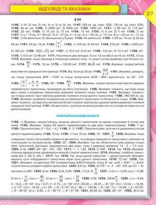 ВІДПОВІДІ ТА ВКАЗІВКИ
217
§ 24
1146. 1) Ні; 2) так; 3) так; 4) ні; 5) ні; 6) так. 1147. 300 кв. од. (мал. 528); 150 кв. од. (мал. 529).
1148. 44 кв. од. 1149. 1) 2400 см2
; 2) 4000 см2
. 1150. 1400 см2
. 1151. 1) 90 см2
; 2) 1,75 дм2
.
1152. 33 см2
. 1153. 1) 10 см; 2) 12 см. 1154. 12 см. 1155. 1) 4 см; 2) 5 см. 1156. 3 см.
1157. 1) q = 12 см, S = 84 см2
; 2) b = 27 см, h = 5 см; 3) a = 20 см, q = 21 см; 4) a = 23 см, h = 11 см.
1158. 1) Не зміниться; 2) збільшиться у 2 рази. 1159. Не зміниться. 1160. 1) 20 см, 16 см; 2) 36 см,
24 см. 1161. 20 см, 10 см. 1162.
a
b
 
 
 
2
. 1163. 1) 144 см2
; 2) 44 см2
. 1164. 276 см2
. 1165. 1) 645 см2
;
2) 180 см2
. 1166.  18 3 3 см2
. 1167. 1) 10,5 см2
; 2) 8 см2
. 1168. 1) 6 см2
; 2) 13,5 см2
. 1169. 45.
1170. 1) 5,6 см2
; 2) 96 см2
. 1171. Розгляньте два випадки. 8 см і 12 см або 2 см і 6 см. 1172. 12 см.
1173. Вказівка: якщо трапеція є описаною навколо кола, то сума її основ дорівнює сумі бічних сто-
рін. 1174.
S
P
2
. 1175. 10 см. 1176.  130,03 см2
. 1177. 96 3 см2
. 1178. Вказівка: скористайтеся
властивістю середньої лінії трапеції. 1179. Від 16 см до 32 см. 1180.
ab
a b
2
. 1181. Вказівка: доведіть,
що площі трикутників ВОС і COD та площі трикутників АОВ і ВОС відносяться, як АВ : CD.
1182.
m m m
n n n
 
 
 
2
:1: : . 1183. 90. 1184.
dc4
5
. 1185. Вказівка: скористайтеся властивістю медіани
прямокутного трикутника, проведеної до його гіпотенузи. 1186. Вказівка: покажіть, що сума площ
двох інших з утворених трикутників дорівнює половині площі трапеції. 1187. Вказівка: покажіть,
що площа кожної такої трапеції дорівнює половині площі даного трикутника. 1188. 346 500 кв. од.
1189. Вказівка: розбийте чотирикутник на прямокутні трикутники та обчисліть їх площі. 1190. Вка-
зівка: покажіть, що відстань від меншої бічної сторони трапеції до шуканої прямої дорівнює половині
середньої лінії трапеції. 1191. Не вистачить, оскільки не можна розмістити всі чотири вставки на склі
даних розмірів.
ПОВТОРЕННЯ ВИВЧЕНОГО
1192. 1) Вказівка: скористайтесь ознакою рівності трикутників за двома сторонами й кутом між
ними. 1193. Вказівка: пряма EF ділить паралелограм на два рівні паралелограми. 1194. 7 см.
1195. Паралелограм; P = 2(d1
+ d2
). 1196. 3 : 5. 1197. Паралелограм, кути якого дорівнюють кутам
даного паралелограма. 1198. 72 см. 1199. 17 см і 19 см. 1200. 72. 1201.
a
2
. 1202. Вказівка: якщо
з вершини тупого кута ромба провести дві висоти, то утворені прямокутні трикутники є рівними за
гіпотенузою та гострим кутом. 1203. 30. 1204. Вказівка: під час обчислення суми довжин сторін
обох трикутників діагональ враховується два рази, тому її довжина дорівнює 15 : 2 = 7,5 (см).
1205. 5 см. 1207. 60, 60, 120, 120. 1211. 1 : 1: 1,62. 1212. 5; 540. 1214. Так. 1215. Вказівка:
сторона квадрата має дорівнювати меншій стороні прямокутника. 1216. Вказівка: подібних трикут-
ників або 3, або 2, або 1. 1217. Так. 1218. Так, якщо даний трикутник — рівносторонній. Вказівка:
виразіть кути побудованого трикутника через кути даного трикутника. 1219. 72 см2
. 1220. Так.
1221. Вказівка: на діагоналі BD чотирикутника ABCD візьміть точку K так, щоб  BAC =  KAD,
та розгляньте утворені подібні трикутники. 1222. 9,6 см. 1223. 2) CO2
= a · b – AO · OB, де CO — бі-
сектриса  ABC. 1224. 8 см. 1225. 0,54; 0,84. 1226. 1) 0,8; 2)
8
17
. 1227. 1) sin= 0,28; cos= 0,96;
2) sin=
11
61
; cos=
60
61
; 3) sin=
20
29
; cos=
21
29
. 1228. 0,28. 1229.
n
R

2 sin
2
. 1230. 1) a  8,64,
b  10,4,  B = 50; 2) a  0,21, b  0,13,  A = 58; 3) b  20,04, c  45,87,  B = 23; 4) b  13,54, c  16,95,
 A = 37; 5) b  10,54,  A  58,  B  3147; 6) a  96, c  120,96,  B = 38; 7) c  18,46,  A  4328,
 B  4632; 8) a  8,94,  A  4812,  В = 4148. 1231. 85,89 см. 1232. 29, 61. 1233. 26,4 см,
 