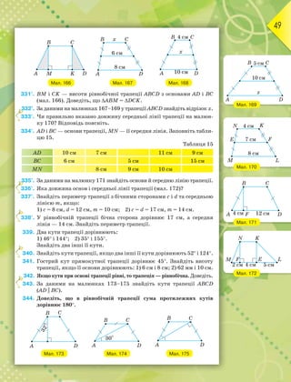 49
Мал. 166 Мал. 167 Мал. 168
331°. BM і CK — висоти рівнобічної трапеції ABCD з основами AD і BC
(мал. 166). Доведіть, що ABM = DCK.
332°. За даними на малюнках 167–169 у трапеції ABCD знайдіть відрізок х.
333°. Чи правильно вказано довжину середньої лінії трапеції на малюн-
ку 170? Відповідь поясніть.
334°. AD i BC — основи трапеції, MN — її середня лінія. Заповніть табли-
цю 15.
Таблиця 15
AD 10 см 7 см 11 см 9 см
BC 6 см 5 см 15 см
MN 8 см 9 см 10 см
335°. За даними на малюнку 171 знайдіть основи й середню лінію трапеції.
336°. Яка довжина основ і середньої лінії трапеції (мал. 172)?
337°. Знайдіть периметр трапеції з бічними сторонами с і d та середньою
лінією m, якщо:
1) с = 8 см, d = 12 см, m = 10 см; 2) с = d = 17 см, m = 14 см.
338°. У рівнобічній трапеції бічна сторона дорівнює 17 см, а середня
лінія — 14 см. Знайдіть периметр трапеції.
339. Два кути трапеції дорівнюють:
1) 46 і 144; 2) 35 і 155.
Знайдіть два інші її кути.
340. Знайдіть кути трапеції, якщо два інші її кути дорівнюють 52 і 124.
341. Гострий кут прямокутної трапеції дорівнює 45. Знайдіть висоту
трапеції, якщо її основи дорівнюють: 1) 6 см і 8 см; 2) 62 мм і 10 см.
342. Якщо кути при основі трапеції рівні, то трапеція — рівнобічна. Доведіть.
343. За даними на малюнках 173–175 знайдіть кути трапеції ABCD
(AD || BC).
344. Доведіть, що в рівнобічній трапеції сума протилежних кутів
дорівнює 180.
Мал. 173 Мал. 174 Мал. 175
3
3
3
3
3
3
3
Мал. 169
Мал. 170
Мал. 171
Мал. 172
 
