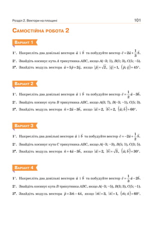 101
САМОСТІЙНА РОБОТА 2
ВАРІАНТ 1
1°. Накресліть два довільні вектори a і b та побудуйте вектор c a b= +2
1
3
.
2°. Знайдіть косинус кута A трикутника ABC, якщо A(–3; 1), B(1; 3), C(5; –5).
3•. Знайдіть модуль вектора a p q= +5 2 , якщо p = 2, q =1, p q; .( )= °45
ВАРІАНТ 2
1°. Накресліть два довільні вектори a і b та побудуйте вектор c a b= −
1
2
3 .
2°. Знайдіть косинус кута B трикутника ABC, якщо A(3; 7), B(–3; –1), C(5; 3).
3•. Знайдіть модуль вектора n a b= −2 3 , якщо a = 2, b = 2, a b; .( )= °60
ВАРІАНТ 3
1°. Накресліть два довільні вектори a і b та побудуйте вектор c a b= − +2
1
2
.
2°. Знайдіть косинус кута C трикутника ABC, якщо A(–3; –3), B(5; 1), C(3; 5).
3•. Знайдіть модуль вектора n a b= −4 3 , якщо a = 2, b = 3, a b; .( )= °30
ВАРІАНТ 4
1°. Накресліть два довільні вектори a і b та побудуйте вектор c a b= −
1
3
2 .
2°. Знайдіть косинус кута B трикутника ABC, якщо A(–3; –5), B(3; 3), C(5; –1).
3•. Знайдіть модуль вектора p m n= −3 4 , якщо m = 3, n =1, m n; .( )= °60
Розділ 2. Вектори на площині
 