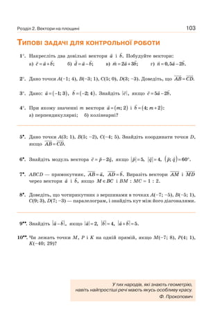 103
ТИПОВІ ЗАДАЧІ ДЛЯ КОНТРОЛЬНОЇ РОБОТИ
1°. Накресліть два довільні вектори a і b. Побудуйте вектори:
а) c a b= + ; б) d a b= − ; в) m a b= +2 3 ; г) n a b= −0 5 2, .
2°. Дано точки A(–1; 4), B(–3; 1), C(5; 0), D(3; –3). Доведіть, що AB CD= .
3°. Дано: a = −( )1 3; , b = −( )2 4; . Знайдіть c , якщо c a b= −5 2 .
4°. При якому значенні m вектори a m= ( ); 2 і b m= +( )4 2; :
а) перпендикулярні; б) колінеарні?
5•. Дано точки A(3; 1), B(5; –2), C(–4; 5). Знайдіть координати точки D,
якщо AB CD= .
6•. Знайдіть модуль вектора c p q= −2 , якщо p = 5, q = 4, p q; .( )= °60
7•. ABCD — прямокутник, AB a= , AD b= . Виразіть вектори AM і MD
через вектори a і b, якщо M BC∈ i BM : MC = 1 : 2.
8•. Доведіть, що чотирикутник з вершинами в точках A(–7; –5), B(–5; 1),
C(9; 3), D(7; –3) — паралелограм, і знайдіть кут між його діагоналями.
9••. Знайдіть a b− , якщо a = 2, b = 4, a b+ = 5.
10••. Чи лежать точки M, P і K на одній прямій, якщо M(–7; 8), P(4; 1),
K(–40; 29)?
Розділ 2. Вектори на площині
У тих народів, які знають геометрію,
навіть найпростіші речі мають якусь особливу красу.
Ф. Прокопович
 