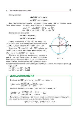 19
Отже, завжди
sin sin ,180° −( ) =α α
cos cos .180° −( ) = −α α
За цими формулами синус і косинус тупого кута 180° − α можна вира-
зити через синус і косинус гострого кута α. Наприклад:
sin 147° = sin (180° – 33°) = sin 33°,
cos 105° = cos (180° – 75°) = –cos 75°.
Доведемо ще формули:
cos sin90° −( ) =α α,
sin cos .90° −( ) =α α
Нехай ∠ =MOA α, ∠ = ° −TOA 90 α (мал. 16).
Тоді ∠ =POT α. За гіпотенузою і гострим кутом
MOH TOP= . Звідси PT = MH, OP = OH.
Оскільки PT = ° −( )cos ,90 α MH = sin ,α то
cos sin90° −( ) =α α. Оскільки OP = ° −( )sin ,90 α
OH = cos ,α то sin cos .90° −( ) =α α
Доведені дві формули дають змогу виразити
синус і косинус будь-якого гострого кута, біль-
шоговід45°,черезкосинусісинускута,меншого
від45°.Отже,значеннясинусівкутіввід0°до45°
єводночасзначеннямикосинусівкутіввід90°до45°(див.таблицюнафорзаці).
Приклад.
sin 10° = cos 80° ≈ 0,174;
cos 50° = sin 40° ≈ 0,643.
Оскільки sin cos90° −( ) =α α і cos sin ,90° −( ) =α α то
tg
sin
cos
cos
sin
ctg .90
90
90
° −( ) =
° −( )
° −( )
= =α
α
α
α
α
α
Оскільки sin sin180° −( ) =α α і cos cos ,180° −( ) = −α α то
tg
sin
cos
sin
cos
tg .180
180
180
° −( ) =
° −( )
° −( )
=
−
= −α
α
α
α
α
α
Усі ці рівності правильні за умови, якщо знаменники відмінні від нуля,
тобто якщо тангенси і котангенси існують. За таких умов
tg ctg ,90° −( ) =α α tg tg .180° −( ) = −α α
ДЛЯ ДОПИТЛИВИХ
Мал. 16
α
α
T
M
A
H
y
x1
1
–1
–1
O
P
§ 2. Тригонометричні тотожності
 