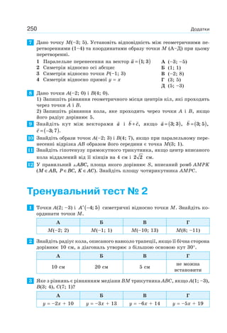250 Додатки
7 Дано точку M(–3; 5). Установіть відповідність між геометричними пе-
ретвореннями (1–4) та координатами образу точки M (А–Д) при цьому
перетворенні.
1 Паралельне перенесення на вектор a = ( )1 3;
2 Симетрія відносно осі абсцис
3 Симетрія відносно точки P(–1; 3)
4 Симетрія відносно прямої y = x
А (–3; –5)
Б (1; 1)
В (–2; 8)
Г (3; 5)
Д (5; –3)
8 Дано точки A(–2; 0) і B(4; 0).
1) Запишіть рівняння геометричного місця центрів кіл, які проходять
через точки A і B.
2) Запишіть рівняння кола, яке проходить через точки A і B, якщо
його радіус дорівнює 5.
9 Знайдіть кут між векторами a і b c+ , якщо a = ( )3 3; , b = ( )3 5; ,
c = −( )3 7; .
10 Знайдіть образи точок A(–2; 3) і B(4; 7), якщо при паралельному пере-
несенні відрізка AB образом його середини є точка M(3; 1).
11 Знайдіть гіпотенузу прямокутного трикутника, якщо центр вписаного
кола віддалений від її кінців на 4 см і 2 2 см.
12 У правильний ABC, площа якого дорівнює S, вписаний ромб AMPK
(M AB∈ , P BC∈ , K AC∈ ). Знайдіть площу чотирикутника AMPC.
Тренувальний тест № 2
1 Точки A(2; –3) і ′ −( )A 4 5; симетричні відносно точки M. Знайдіть ко-
ординати точки M.
А Б В Г
M(–2; 2) M(–1; 1) M(–10; 13) M(8; –11)
2 Знайдіть радіус кола, описаного навколо трапеції, якщо її бічна сторона
дорівнює 10 см, а діагональ утворює з більшою основою кут 30°.
А Б В Г
10 см 20 см 5 см
не можна
встановити
3 Яке з рівнянь є рівнянням медіани BM трикутника ABC, якщо A(1; –3),
B(3; 4), C(7; 1)?
А Б В Г
y = –2x + 10 y = –3x + 13 y = –6x + 14 y = –5x + 19
 