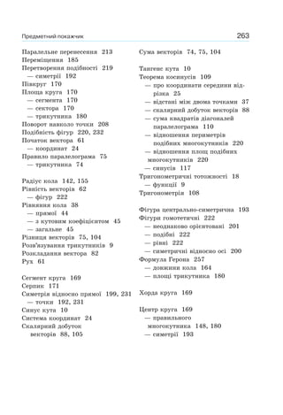 263Предметний покажчик
Паралельне перенесення 213
Переміщення 185
Перетворення подібності 219
— симетрії 192
Півкруг 170
Площа круга 170
— сегмента 170
— сектора 170
— трикутника 180
Поворот навколо точки 208
Подібність фігур 220, 232
Початок вектора 61
— координат 24
Правило паралелограма 75
— трикутника 74
Радіус кола 142, 155
Рівність векторів 62
— фігур 222
Рівняння кола 38
— прямої 44
— з кутовим коефіцієнтом 45
— загальне 45
Різниця векторів 75, 104
Розв’язування трикутників 9
Розкладання вектора 82
Рух 61
Сегмент круга 169
Серпик 171
Симетрія відносно прямої 199, 231
— точки 192, 231
Синус кута 10
Система координат 24
Скалярний добуток
векторів 88, 105
Сума векторів 74, 75, 104
Тангенс кута 10
Теорема косинусів 109
— про координати середини від-
різка 25
— відстані між двома точками 37
— скалярний добуток векторів 88
— сума квадратів діагоналей
паралелограма 110
— відношення периметрів
подібних многокутників 220
— відношення площ подібних
многокутників 220
— синусів 117
Тригонометричні тотожності 18
— функції 9
Тригонометрія 108
Фігура центрально-симетрична 193
Фігури гомотетичні 222
— неоднаково орієнтовані 201
— подібні 222
— рівні 222
— симетричні відносно осі 200
Формула Герона 257
— довжини кола 164
— площі трикутника 180
Хорда круга 169
Центр круга 169
— правильного
многокутника 148, 180
— симетрії 193
 