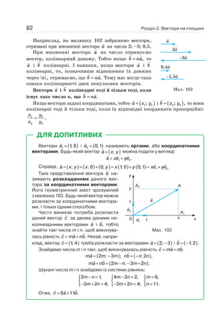 Розділ 2. Вектори на площині82
Наприклад, на малюнку 102 зображено вектори,
отримані при множенні вектора a на числа 2; –3; 0,5.
При множенні вектора a на число отримуємо
вектор, колінеарний даному. Тобто якщо b na= , то
a і b колінеарні. І навпаки, якщо вектори a і b
колінеарні, то, позначивши відношення їх довжин
через n , отримаємо, що b na= . Тому має місце така
ознака колінеарності двох ненульових векторів.
Вектори a і b колінеарні тоді й тільки тоді, коли
існує таке число n, що b na= .
Якщо вектори задані координатами, тобто a x y= ( )1 1; і b x y= ( )2 2; , то вони
колінеарні тоді й тільки тоді, коли їх відповідні координати пропорційні:
x
x
y
y
1
2
1
2
= .
ДЛЯ ДОПИТЛИВИХ
Вектори e1 1 0= ( ); і e2 0 1= ( ); називають ортами, або координатними
векторами. Будь-який вектор a x y= ( ); можна подати у вигляді
a xe ye= +1 2.
Справді, a x y x y x y xe ye= ( )= ( )+( )= ( )+ ( )= +; ; ; ; ; .0 0 1 0 0 1 1 2
Таке представлення вектора a на-
зивають розкладанням даного век-
тора за координатними векторами.
Його геометричний зміст зрозумілий
з малюнка 103. Будь-який вектор можна
розкласти за координатними вектора-
ми, і тільки одним способом.
Часто виникає потреба розкласти
даний вектор c за двома даними не-
колінеарними векторами a і b, тобто
знайти такі числа m і n, щоб виконува-
лась рівність c ma nb= + . Нехай, напри-
клад, вектор c = ( )1 4; треба розкласти за векторами a = −( )2 3; і b = −( )1 2; .
Знайдемо числа m і n такі, щоб виконувалась рівність c ma nb= + .
ma m m= −( )2 3; ; nb n n= −( ); ,2
ma nb m n m n+ = − − +( )2 3 2; .
Шукані числа m і n знайдемо із системи рівнянь:
2 1
3 2 4
m n
m n
− =
− + =
⎧
⎨
⎩
,
;
4 2 2
3 2 4
m n
m n
− =
− + =
⎧
⎨
⎩
,
;
m
n
=
=
⎧
⎨
⎩
6
11
,
.
Отже, c a b= +6 11 .
Мал. 103
1
y
y
xx
AA2
A1
10
a
e2
e1
Мал. 102
−3a
a
2a
0 5, a
−1 5, a
 