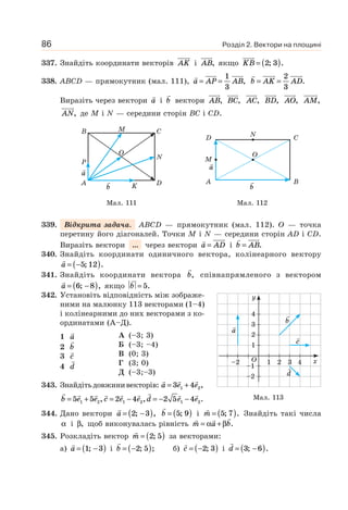 Розділ 2. Вектори на площині86
337. Знайдіть координати векторів AK і AB, якщо KB = ( )2 3; .
338. ABCD — прямокутник (мал. 111), a AP AB= =
1
3
, b AK AD= =
2
3
.
Виразіть через вектори a і b вектори AB, BC, AC, BD, AO, AM,
AN, де M і N — середини сторін BC і CD.
A D
B CM
N
O
K
P
a
b
a
b
D N
A
M
O
C
B
Мал. 111 Мал. 112
339. Відкрита задача. ABCD — прямокутник (мал. 112). O — точка
перетину його діагоналей. Точки M і N — середини сторін AD і CD.
Виразіть вектори ... через вектори a AD= і b AB= .
340. Знайдіть координати одиничного вектора, колінеарного вектору
a = −( )5 12; .
341. Знайдіть координати вектора b, співнапрямленого з вектором
a = −( )6 8; , якщо b = 5.
342. Установіть відповідність між зображе-
ними на малюнку 113 векторами (1–4)
і колінеарними до них векторами з ко-
ординатами (А–Д).
1 a
2 b
3 c
4 d
А (–3; 3)
Б (–3; –4)
В (0; 3)
Г (3; 0)
Д (–3;–3)
343. Знайдітьдовжинивекторів: a e e= +3 41 2,
b e e= +5 51 2, c e e= −2 41 2,d e e= − −2 5 41 2.
344. Дано вектори a = −( )2 3; , b = ( )5 9; і m = ( )5 7; . Знайдіть такі числа
α і β, щоб виконувалась рівність m a b= +α β .
345. Розкладіть вектор m = ( )2 5; за векторами:
а) a = −( )1 3; і b = −( )2 5; ; б) c = −( )2 3; і d = −( )3 6; .
Мал. 113
1
–1
–2
–2 1 3 4
2
3
4
y
x2O
a
b
c
d
 