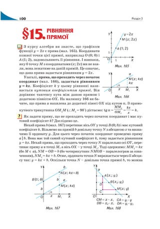 100 Розділ 3
РІВНЯННЯ
ПРЯМОЇ
З курсу алгебри ви знаєте, що графіком
функції у = 2х є пряма (мал. 165). Координати
кожної точки цієї прямої, наприклад О (0; 0) і
А (1; 2), задовольняють її рівняння. І навпаки,
яку б точку М з координатами (х; 2х) ми не взя
ли, вона лежатиме на даній прямій. Це означає,
що дана пряма задається рівнянням у = 2х.
Узагалі, пряма, що проходить через початок
координат (мал. 166), задається рівнянням
у = kх. Коефіцієнт k у цьому рівнянні нази
вається кутовим коефіцієнтом прямої. Він
дорівнює тангенсу кута між даною прямою і
додатною піввіссю ОХ. На малюнку 166 ви ба
чите, що пряма а нахилена до додатної півосі ОХ під кутом α. З прямо
кутного трикутника ОМ1
М ( М1
= 90°) дістаємо: tgα =
1
1
MM
OM
=
kx
x
= k.
Як задати пряму, що не проходить через початок координат і має ку
товий коефіцієнт k? Дослідимо це.
Нехай пряма b (мал. 167) перетинає вісь ОY у точці В (0; b) і має кутовий
коефіцієнт k. Візьмемо на прямій b довільну точку N з абсцисою х та визна
чимо її ординату у. Для цього через початок координат проведемо пряму
а || b. Вона має той самий кутовий коефіцієнт k, тому задається рівнянням
у = kх. Нехай пряма, що проходить через точку N паралельно осі ОY, пере
тинає пряму а в точці М, а вісь ОХ – у точці М1
. Тоді одержимо: ММ1
= kх
(бо М ∈ а), NМ = ОВ = b (бо чотирикутник NМОВ – паралелограм за озна
ченням),NМ1
= kх + b. Отже, ордината точки Nвиражається через її абсци
су так: у = kх + b. Оскільки точка N – довільна точка прямої b, то можна
§15.§15.
Мал. 165
Мал. 166
?
Мал. 167 Мал. 168
 