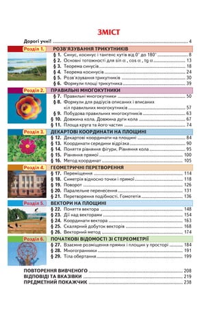 ЗМІСТ
Дорогі учні! ...................................................................................................... 4
Розділ 1. РОЗВ'ЯЗУВАННЯ ТРИКУТНИКІВ
§ 1. Синус, косинус і тангенс кутів від 0° до 180° ....................... 8
§ 2. Основні тотожності для sin α , cos α , tg α........................ 13
§ 3. Теорема синусів................................................................. 18
§ 4. Теорема косинусів ............................................................. 24
§ 5. Розв'язування трикутників ................................................ 30
§ 6. Формули площі трикутника ............................................... 39
Розділ 2. ПРАВИЛЬНІ МНОГОКУТНИКИ
§ 7. Правильні многокутники ................................................... 50
§ 8. Формули для радіусів описаних і вписаних
кіл правильних многокутників ........................................... 57
§ 9. Побудова правильних многокутників ................................ 63
§ 10. Довжина кола. Довжина дуги кола ................................... 67
§ 11. Площа круга та його частин .............................................. 74
Розділ 3. ДЕКАРТОВІ КООРДИНАТИ НА ПЛОЩИНІ
§ 12. Декартові координати на площині .................................... 84
§ 13. Координати середини відрізка.......................................... 90
§ 14. Поняття рівняння фігури. Рівняння кола ........................... 95
§ 15. Рівняння прямої ............................................................... 100
§ 16. Метод координат ............................................................. 105
Розділ 4. ГЕОМЕТРИЧНІ ПЕРЕТВОРЕННЯ
§ 17. Переміщення ................................................................... 114
§ 18. Симетрія відносно точки і прямої.................................... 118
§ 19. Поворот ........................................................................... 126
§ 20. Паралельне перенесення................................................. 131
§ 21. Перетворення подібності. Гомотетія ............................... 136
Розділ 5. ВЕКТОРИ НА ПЛОЩИНІ
§ 22. Поняття вектора .............................................................. 148
§ 23. Дії над векторами ............................................................ 154
§ 24. Координати вектора ........................................................ 163
§ 25. Скалярний добуток векторів ........................................... 168
§ 26. Векторний метод ............................................................. 174
Розділ 6. ПОЧАТКОВІ ВІДОМОСТІ ЗІ СТЕРЕОМЕТРІЇ
§ 27. Взаємне розміщення прямих і площин у просторі .......... 184
§ 28. Многогранники ................................................................ 191
§ 29. Тіла обертання................................................................. 199
ПОВТОРЕННЯ ВИВЧЕНОГО ....................................................................... 208
ВІДПОВІДІ ТА ВКАЗІВКИ ........................................................................... 219
ПРЕДМЕТНИЙ ПОКАЖЧИК ....................................................................... 238
 