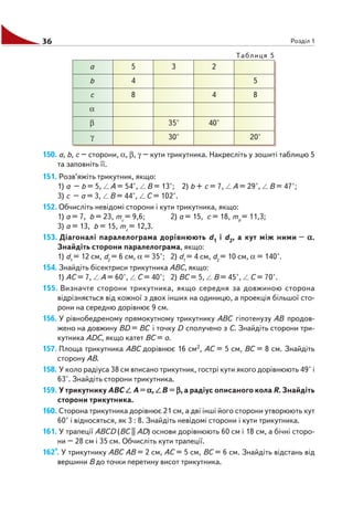 36 Розділ 1
150. а, b, с – сторони, α, β, γ – кути трикутника. Накресліть у зошиті таблицю 5
та заповніть її.
151. Розв’яжіть трикутник, якщо:
1) а – b = 5, А = 54°, В = 13°; 2) b + с = 7, А = 29°, В = 47°;
3) с – а = 3, В = 44°, С = 102°.
152. Обчисліть невідомі сторони і кути трикутника, якщо:
1) а = 7, b = 23, mc
= 9,6; 2) а = 15, с = 18, mb
= 11,3;
3) а = 13, b = 15, mc
= 12,3.
153. Діагоналі паралелограма дорівнюють d1 і d2, а кут між ними – ααααα.
Знайдіть сторони паралелограма, якщо:
1) d1
= 12 см, d2
= 6 см, α = 35°; 2) d1
= 4 см, d2
= 10 см, α = 140°.
154. Знайдіть бісектриси трикутника АВС, якщо:
1) АС = 7, А = 60°, С = 40°; 2) ВС = 5, В = 45°, С = 70°.
155. Визначте сторони трикутника, якщо середня за довжиною сторона
відрізняється від кожної з двох інших на одиницю, а проекція більшої сто
рони на середню дорівнює 9 см.
156. У рівнобедреному прямокутному трикутнику АВС гіпотенузу АВ продов
жено на довжину ВD = BC і точку D сполучено з С. Знайдіть сторони три
кутника АDС, якщо катет ВС = а.
157. Площа трикутника АВС дорівнює 16 см2, АС = 5 см, ВС = 8 см. Знайдіть
сторону АВ.
158. У коло радіуса 38 см вписано трикутник, гострі кути якого дорівнюють 49° і
63°. Знайдіть сторони трикутника.
159. У трикутнику АВС А = ααααα, В = βββββ, а радіус описаного кола R. Знайдіть
сторони трикутника.
160. Сторона трикутника дорівнює 21 см, а дві інші його сторони утворюють кут
60° і відносяться, як 3 : 8. Знайдіть невідомі сторони і кути трикутника.
161. У трапеції АВСD (ВС || АD) основи дорівнюють 60 см і 18 см, а бічні сторо
ни – 28 см і 35 см. Обчисліть кути трапеції.
162*. У трикутнику АВС АВ = 2 см, АС = 5 см, ВС = 6 см. Знайдіть відстань від
вершини В до точки перетину висот трикутника.
Таблиця 5
а
b
с
α
β
γ
5
4
8
3
35°
30°
2
4
40°
5
8
20°
 