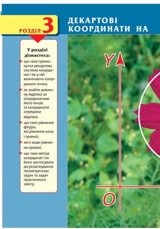 82 Розділ 3
У розділі
дізнаєтесь:
що таке прямо
кутна декартова
система коорди
нат і як у ній
визначають коор
динати точки;
як знайти довжи
ну відрізка за
координатами
його кінців
та координати
середини
відрізка;
що таке рівняння
фігури;
які рівняння кола
і прямої;
які є види рівнян
ня прямої;
що таке метод
координат і як
його застосувати
до розв’язування
геометричних
задач та задач
практичного
змісту
ДЕКАРТОВІ
КООРДИНАТИ НАРОЗДІЛ3
 