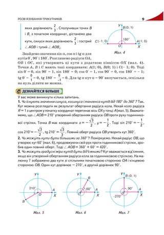 РОЗВ'ЯЗУВАННЯ ТРИКУТНИКІВ 9
яких дорівнюють
3
2
. Сполучивши точки B
і B1
з початком координат, дістанемо два
кути, синуси яких дорівнюють
3
2
: гострий
AOB і тупий AOB1
.
Знайдемо значення sin α, cos α і tg α для
кутів 0°, 90° і 180°. Розглянемо радіуси OA,
OB і OC, які утворюють ці кути з додатною піввіссю OX (мал. 4).
Точки A, B і C мають такі координати: A(1; 0), B(0; 1) і C(– 1; 0). Тоді
sin 0° = 0, sin 90° = 1, sin 180° = 0; cos 0° = 1, cos 90° = 0, cos 180° = – 1;
tg 0° =
1
0
= 0, tg 180° =
1
0
−
= 0. Для tg α кут α = 90° вилучається, оскільки
на нуль ділити не можна.
ДІЗНАЙТЕСЯ БІЛЬШЕ
У вас може виникнути кілька запитань.
1. Чи існують значення синуса, косинуса і тангенса кутів від 180° до 360°? Так.
Кут можна розглядати як результат обертання радіуса кола. Нехай коло радіуса
R = 1 з центром у початку координат перетинає вісь OХ у точці A (мал. 5). Вважати
мемо, що AOB = 210° утворений обертанням радіуса OB проти руху годиннико
вої стрілки. Точка B має координати x = –
2
3
, y = –
2
1
. Тоді sin 210° = –
2
1
,
cos 210°= –
2
3
, tg 210° =
3
3
. Повний оберт радіуса OB утворить кут 360°.
2. Чи можуть кути бути більшими за 360° ? Поміркуємо. Нехай радіус OB, що
утворює кут 60° (мал. 6), продовжуючи свій рух проти годинникової стрілки, зро
бив один повний оберт. Тоді AOB = 360° + 60° = 420°.
3. Чи можуть градусні міри кутів бути від’ємними? Кут вважається від’ємним,
якщо він утворений обертанням радіуса кола за годинниковою стрілкою. На ма
люнку 7 зображено два кути зі спільними початковою стороною OA і кінцевою
стороною OB. Один кут дорівнює – 270°, а другий дорівнює 90°.
Мал. 4
Мал. 5 Мал. 7Мал. 6
 