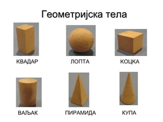 Геометријска телаГеометријска тела
KВАДАР ЛОПТА
ВАЉАК
KOЦKA
ПИРАМИДА КУПА
 