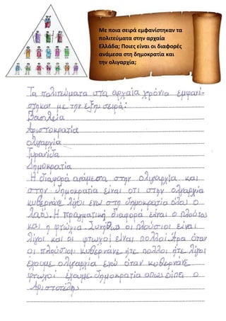 Με ποια σειρά εμφανίστηκαν τα
πολιτεύματα στην αρχαία
Ελλάδα; Ποιες είναι οι διαφορές
ανάμεσα στη δημοκρατία και
την ολιγαρχία;
 