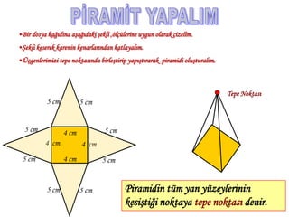 •Bir dosya kağıdına aşağıdaki şekli ,ölçülerine uygun olarak çizelim.
•Şekli keserek karenin kenarlarından katlayalım.
•Üçgenlerimizi tepe noktasında birleştirip yapıştırarak piramidi oluşturalım.



                                                                                Tepe Noktası
           5 cm          5 cm


  5 cm            4 cm            5 cm
          4 cm           4 cm
 5 cm             4 cm           5 cm


           5 cm          5 cm             Piramidin tüm yan yüzeylerinin
                                          kesiştiği noktaya tepe noktası denir.
 