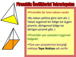 •Piramidin bir tane tabanı vardır.
•Bu taban şekline göre isim alır. (
Taban üçgensel bir bölge ise üçgen
piramit, dörtgensel bölge ise
dörtgen piramit gibi. )
•Piramidin yan yüzeyleri üçgensel
bölgedir.
•Tüm yan yüzeylerinin kesiştiği
noktaya Tepe Noktası adı verilir.
 