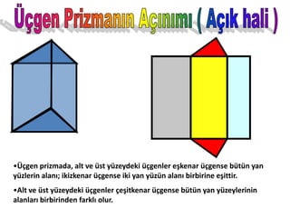 •Üçgen prizmada, alt ve üst yüzeydeki üçgenler eşkenar üçgense bütün yan
yüzlerin alanı; ikizkenar üçgense iki yan yüzün alanı birbirine eşittir.
•Alt ve üst yüzeydeki üçgenler çeşitkenar üçgense bütün yan yüzeylerinin
alanları birbirinden farklı olur.
 