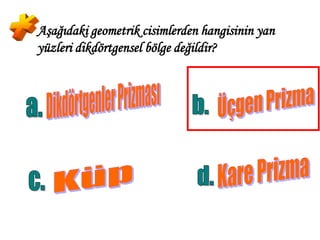 Aşağıdaki geometrik cisimlerden hangisinin yan
yüzleri dikdörtgensel bölge değildir?
 