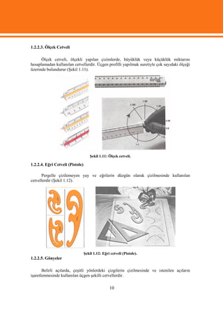 1.2.2.3. Ölçek Cetveli

      Ölçek cetveli, ölçekli yapılan çizimlerde, büyüklük veya küçüklük miktarını
hesaplamadan kullanılan cetvellerdir. Üçgen profilli yapılmak suretiyle çok sayıdaki ölçeği
üzerinde bulundurur (Şekil 1.11).




                                      Şekil 1.11: Ölçek cetveli.

1.2.2.4. Eğri Cetveli (Pistole)

      Pergelle çizilemeyen yay ve eğrilerin düzgün olarak çizilmesinde kullanılan
cetvellerdir (Şekil 1.12).




                                  Şekil 1.12: Eğri cetveli (Pistole).
1.2.2.5. Gönyeler

       Belirli açılarda, çeşitli yönlerdeki çizgilerin çizilmesinde ve istenilen açıların
işaretlenmesinde kullanılan üçgen şekilli cetvellerdir.

                                                  10
 