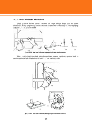 1.2.3.2. Kurşun Kalemlerin Kullanılması

      Çizgi çizerken kalem, cetvel kenarına dik veya arkaya doğru çok az eğimli
tutulmalıdır. Yatay çizgilerin çizilmesi sırasında kalemin nasıl tutulacağı ve yatayla yaptığı
açı Şekil 1.16’ da görülmektedir.




                 Şekil 1.16: Kurşun kalemin (yatay çizgilerde) kullanılması.

      Dikey çizgilerin çizilmesinde kalemin tutulması, yatayla yaptığı açı, çekme yönü ve
kendi ekseni etrafında döndürülmesi Şekil 1.17’ de görülmektedir.




                 Şekil 1.17: Kurşun kalemin (düşey çizgilerde) kullanılması.


                                              13
 