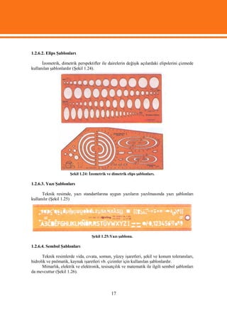 1.2.6.2. Elips Şablonları

      İzometrik, dimetrik perspektifler ile dairelerin değişik açılardaki elipslerini çizmede
kullanılan şablonlardır (Şekil 1.24).




                      Şekil 1.24: İzometrik ve dimetrik elips şablonları.

1.2.6.3. Yazı Şablonları

      Teknik resimde, yazı standartlarına uygun yazıların yazılmasında yazı şablonları
kullanılır (Şekil 1.25)




                                   Şekil 1.25:Yazı şablonu.

1.2.6.4. Sembol Şablonları

      Teknik resimlerde vida, cıvata, somun, yüzey işaretleri, şekil ve konum toleransları,
hidrolik ve pnömatik, kaynak işaretleri vb. çizimler için kullanılan şablonlardır.
      Mimarlık, elektrik ve elektronik, tesisatçılık ve matematik ile ilgili sembol şablonları
da mevcuttur (Şekil 1.26).



                                              17
 