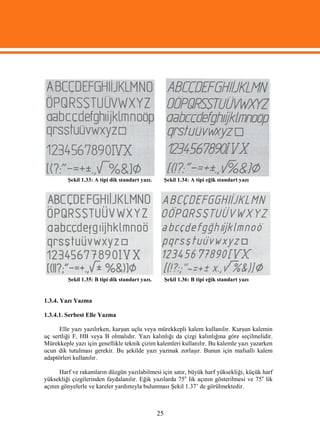 Şekil 1.33: A tipi dik standart yazı.        Şekil 1.34: A tipi eğik standart yazı




         Şekil 1.35: B tipi dik standart yazı.        Şekil 1.36: B tipi eğik standart yazı


1.3.4. Yazı Yazma

1.3.4.1. Serbest Elle Yazma

      Elle yazı yazılırken, kurşun uçlu veya mürekkepli kalem kullanılır. Kurşun kalemin
uç sertliği F, HB veya B olmalıdır. Yazı kalınlığı da çizgi kalınlığına göre seçilmelidir.
Mürekkeple yazı için genellikle teknik çizim kalemleri kullanılır. Bu kalemle yazı yazarken
ucun dik tutulması gerekir. Bu şekilde yazı yazmak zorlaşır. Bunun için mafsallı kalem
adaptörleri kullanılır.

      Harf ve rakamların düzgün yazılabilmesi için satır, büyük harf yüksekliği, küçük harf
yüksekliği çizgilerinden faydalanılır. Eğik yazılarda 75o lik açının gösterilmesi ve 75o lik
açının gönyelerle ve kareler yardımıyla bulunması Şekil 1.37’ de görülmektedir.



                                                 25
 