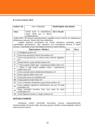 B. UYGULAMALI TEST


Faaliyet Adı           Yazı ve Rakamlar            Modül Eğitimi Alan Kişinin

Amaç            Teknik kural ve standartlarına Adı ve Soyadı
                uygun olarak yazı ve rakam
                yazabileceksiniz.
AÇIKLAMA: Bu faaliyeti gerçekleştirirken aşağıdaki kontrol listesini bir arkadaşınızın
doldurmasını isteyiniz. Sadece ilgili alanı doldurunuz.
      Aşağıda listelenen davranışların her birinin arkadaşınız tarafından yapılıp
yapılmadığını gözlemleyiniz. Eğer yapıldıysa evet kutucuğunun hizasına X işareti
koyunuz. Yapılmadıysa hayır kutucuğunun hizasına X işareti koyunuz.
                   Değerlendirme Ölçütleri                            Evet   Hayır
 1   İş önlüğünü giydiniz mi?
 2   Çizim araç-gereçlerini eksiksiz hazırladınız mı?
     Çizim araç-gereçlerinin ve ortamın temiz olmasını sağladınız
 3
     mı?
 4   Kurşun kalemi, uygun şekilde tuttunuz mu?
 5   “ Yatay çizgiler soldan sağa ” uygulamasına dikkat ettiniz mi?
     “ Düşey ve eğik çizgiler aşağıdan yukarı ” uygulamasına
 6
     dikkat ettiniz mi?
 7   Çizim sırasında kalemi döndürerek kullandınız mı?
 8   Kalem eğimine dikkat ettiniz mi?
 9   Çizgi çizme hızını iyi ayarladınız mı?
10   Çizgi gruplarını tespit ettiniz mi?
11   Yazı ve rakamları standartlara uygun olarak yazdınız mı?
     Çizim yaparken kağıdınızın kirlenmemesi için ayrı bir kağıt
12
     kullandınız mı?
     Kağıt üzerindeki kırıntıları fırça veya temiz bir bezle
13
     temizlediniz mi?
14   Antet bilgilerini eksiksiz ve doğru yazdınız mı?

DEĞERLENDİRME

       Arkadaşınız kontrol listesindeki davranışları sırasıyla uygulayabilmelidir.
Uygulayamadığı davranıştan diğer davranışa geçmek mümkün olamayacağından faaliyeti
tekrar etmesini isteyiniz.




                                           45
 