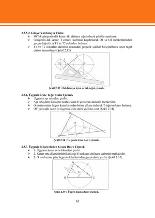 2.3.5.2. Gönye Yardımıyla Çizim
      90o lik gönyenin dik kenarı iki daireye teğet olacak şekilde ayarlanır.
      Gönyenin dik kenarı T cetveli üzerinde kaydırılarak O1 ve O2 merkezlerinden
          geçen doğrularla T1 ve T2 noktaları bulunur.
      T1 ve T2 noktaları dairenin arasından geçecek şekilde birleştirilerek içten teğet
          çizimi tamamlanır (Şekil 2.33)




                      Şekil 2.33 : İki daireye içten ortak teğet çizmek.

2.3.6. Üçgenin İçine Teğet Daire Çizmek
      Üçgenin açı ortayları çizilir.
      Açı ortayların kesişme noktası olan O çizilecek dairenin merkezidir.
      O noktasından üçgen kenarlarından birine dikme inilerek T teğet noktası bulunur.
      OT yarıçaplı daire ile üçgenin içine daire çizilmiş olur (Şekil 2.34).




                          Şekil 2.34 : Üçgenin içine daire çizmek.

2.3.7. Üçgenin Köşelerinden Geçen Daire Çizmek
      1. Üçgenin kenar orta dikmeleri çizilir.
      2. Kenar orta dikmelerinin kesiştiği O noktası çizilecek dairenin merkezidir.
      3. O merkezine göre üçgenin köşelerinden geçen daire çizilir (Şekil 2.35).




                          Şekil 2.35 : Üçgen dışına daire çizmek.


                                              62
 