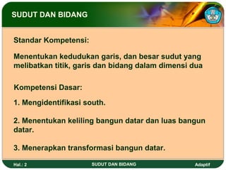 SUDUT DAN BIDANG


Standar Kompetensi:

Menentukan kedudukan garis, dan besar sudut yang
melibatkan titik, garis dan bidang dalam dimensi dua

Kompetensi Dasar:

1. Mengidentifikasi south.

2. Menentukan keliling bangun datar dan luas bangun
datar.

3. Menerapkan transformasi bangun datar.

Hal.: 2               SUDUT DAN BIDANG           Adaptif
 