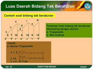 Luas Daerah Bidang Tak Beraturan

Contoh soal bidang tak beraturan
                          I               M
            E
                                  K
                     G                                 Tentukan luas bidang tak beraturan
      C
                 2                                     disamping dengan aturan:
A                                                      a. Trapesoida
    5 7 10           8    12 9           13            b. Mid Ordinat
B      D    F     H       J       L        N

    Jawab:
    a. Aturan Trapesoida

       L = 2.    O1 + O7                          
                         + O2 + O3 + O4 + O5 + O6 
                 2                                
               5 + 13                      
       L =2 .         + 7 + 8 + 10 + 12 + 9
               2                           
       L = 2 . 47 = 94
 Hal.: 22                                  SUDUT DAN BIDANG                      Adaptif
 