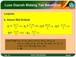 Luas Daerah Bidang Tak Beraturan

Lanjutan

b. Aturan Mid Ordinat

    y1 = 5 + 7 = 6 , y2 =
                          7 + 10
                                 = 8,5 , y3=
                                             10 + 8    , y4= 8 + 12 = 10
                                                    =8
             2                      2                  2          2
           12 + 9                       9+3
     y5=          = 10,5   , y6 =           =6
             2                           2


 Luas Total = y1 .d + y2. d+ y3. d + y4. d+ y5. d+ y6. d
            = 6 . 2 + 8,5. 2 + 8 . 2 + 10 . 2+ 10,5 . 2 + 6 . 2
            = 12 + 17 + 16 + 20 + 21 + 12
            = 98


Hal.: 23                            SUDUT DAN BIDANG                  Adaptif
 