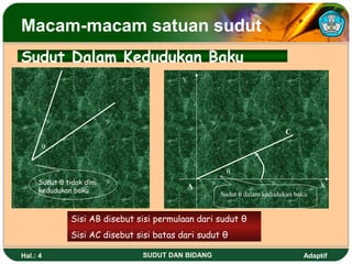Macam-macam satuan sudut
Sudut Dalam Kedudukan Baku
                                         Y




                                                                        C
      θ


                                                    θ
     Sudut θ tidak dlm                                                            X
                                          A
     kedudukan baku
                                                   Sudut θ dalam kedudukan baku


              Sisi AB disebut sisi permulaan dari sudut θ
              Sisi AC disebut sisi batas dari sudut θ

Hal.: 4                        SUDUT DAN BIDANG                              Adaptif
 